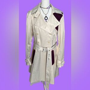 Green With Envy Stylish Cream and Burgundy Trench Coat with Reversible Belt